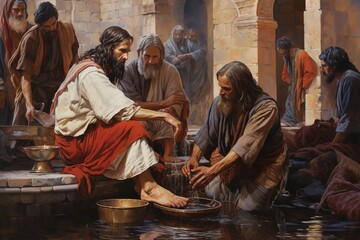 Jesus kneeling and washing men’s feet.