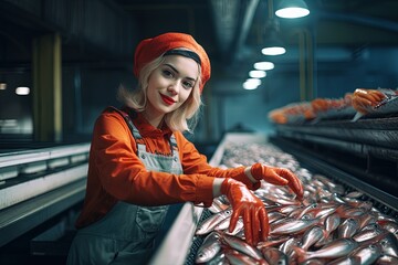 Fototapeta na wymiar A young woman works in a factory, fishes on a conveyor.