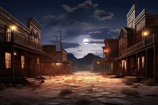 Western town street on moonlight