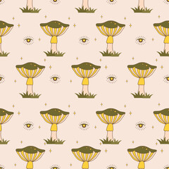 Seamless pattern with groovy mushrooms. Abstract vintage agaric. Hippie vector illustration in flat cartoon style. Psychedelic background.