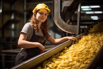 A young woman works in a factory, potato chips on a conveyor.