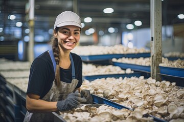 A young woman works in a factory, oyster mushrooms on a conveyor. - Powered by Adobe