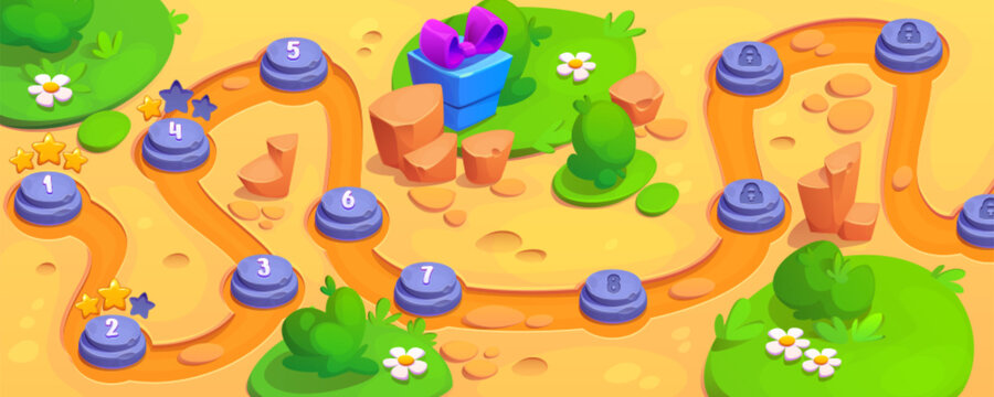 Game road map with level indicators. Sand desert with green grass and plants islands, gift box with bow, path way with stone platform for each stage. Cartoon vector illustration of gui design.