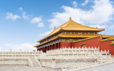 View of palace in Forbidden city against blue sky in Beijing.