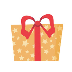 Christmas present, illustration in flat style. Yellow gift box with stars, birthday celebration, icon isolated on white background. Vector design template, card, banner.