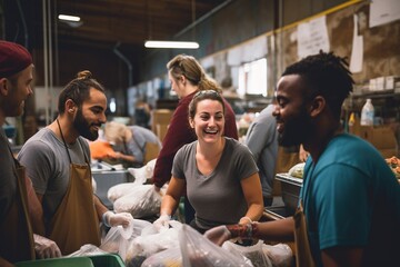 Group of people volunteering at a shelter. - obrazy, fototapety, plakaty