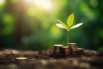 Green plant growing on coins.