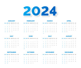 2024 Calendar vector illustration. week starts on Sunday, Simple planner design template, 2024 year corporate business calendar design template. use to wall, desk or business planner calendar 2024.