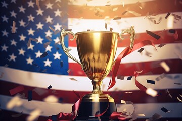 Golden trophy and streamers in sport competition with American flag in background. - obrazy, fototapety, plakaty