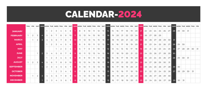 2024 linear calendar. Linear horizontal planner desktop calendar for 2024 year. corporate business Yearly calendar template. Annual schedule grid with 12 months. Horizontal, landscape orientation.