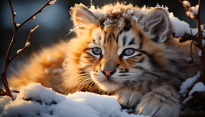 Fototapeta premium Cute tiger kitten looking at camera in snowy forest generated by AI
