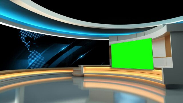 Tv studio. News room. Studio Background. Newsroom bakground. Backdrop for any green screen or chroma key video production. Loop. 3D rendering. 