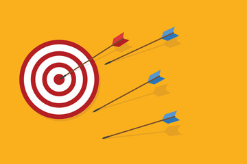 Blue arrows missed hitting target and only red one hits the center. Business challenge failure and success concept. 