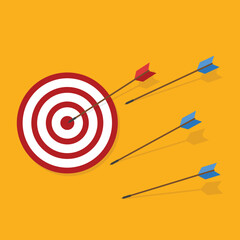 Blue arrows missed hitting target and only red one hits the center. Business challenge failure and success concept. 