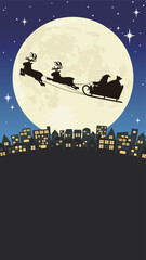 Naklejka premium クリスマスの夜に星空の中をトナカイのソリで飛ぶサンタクロースのシルエットのベクターイラスト