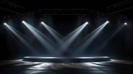 Spotlights illuminate empty stage with dark background