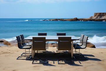 Fototapeta na wymiar Conference table with chairs at the beach.