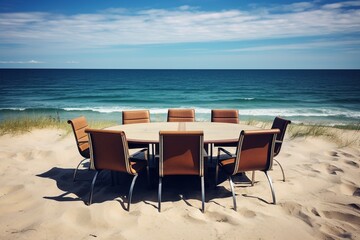 Fototapeta na wymiar Conference table with chairs at the beach.