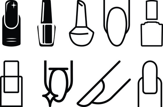 Nail polish salon icon set. Included the icons as a finger, toe separator, coat, remover pad, glaze, paint, nail art vector format for any kind of graphic design, Makeup tool icon set for saloon logo