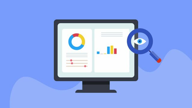 Analysing big data visualization on computer screen, charts and graph on business dashboard, video animation 2d clip.