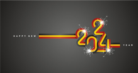 2024 New Year continuous ribbon in the shape of 2024. Abstract black yellow red flag of Belgium in the shape of 2024 logo with sparkle firework for calendar, banner, poster, social media post