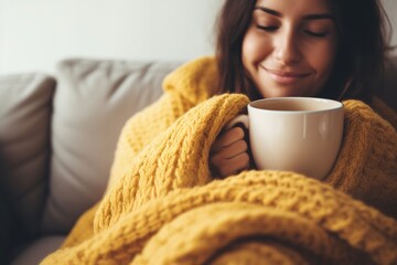 Young woman drinking coffee while sitting under the covers on the couch at home. - obrazy, fototapety, plakaty
