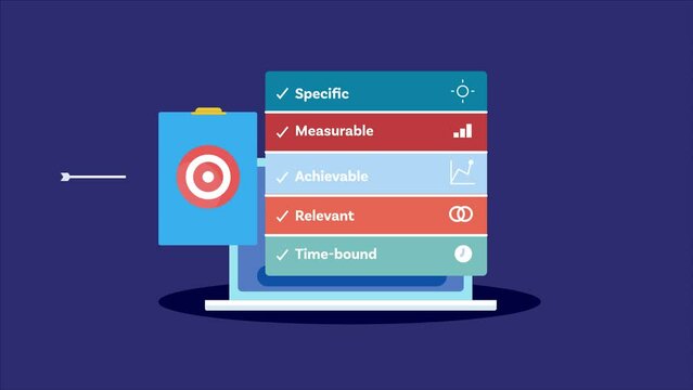 Business strategy, presenting smart goal on laptop concept, arrow hits target, accomplishment 2d video animation. 