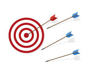 Blue arrows missed hitting target and only red one hits the center. Business challenge failure and success concept.