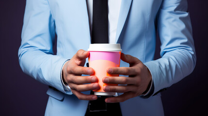 businessman holding coffee cup in his hands closeup 