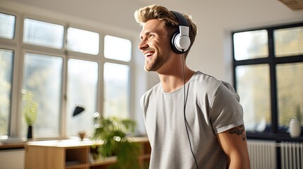 Happy young man wearing wireless headphones at home.