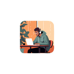 man sitting on laptop listening to music
