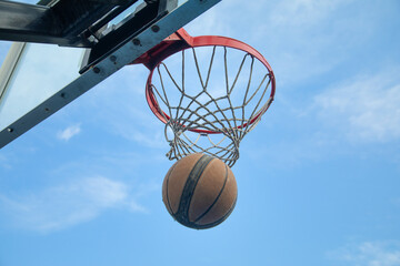 Ball in basketball hoop. Sport. Hobby. Lifestyle