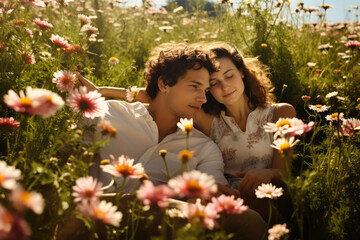 beautiful couple enjoying the summer sun on a flowers meadow