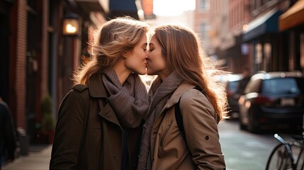 Lesbian couple kissing during a romantic date at sunset on the streets of Madrid