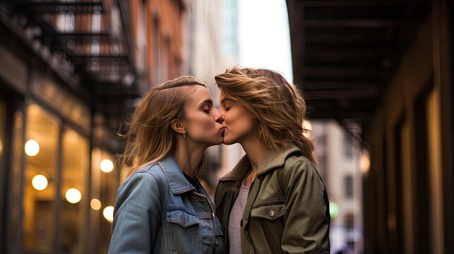 Lesbian couple kissing during a romantic date at sunset on the streets of Madrid