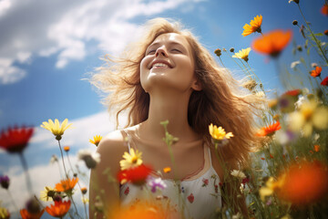 Obraz na płótnie Canvas beautiful girl enjoying the summer sun on a flowers meadow