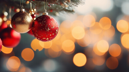 Fototapeta premium Christmas background with Christmas tree and red balls on bokeh background
