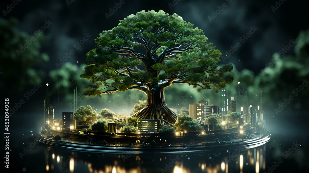 Poster green natural eco-friendly tree and computer technology on an abstract high-tech futuristic backgrou