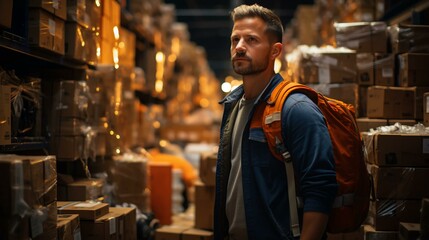 Fototapeta premium Male warehouse worker. Logistics concept for storage and delivery of goods