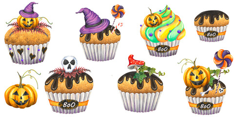 pumpkin cupcakes with skulls and a ghost for Halloween
