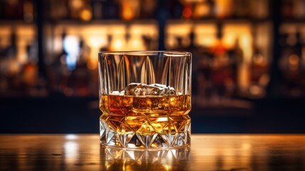 A glass of whiskey on the bar table behind the bar - obrazy, fototapety, plakaty