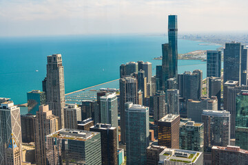 skyscraper aerial view. cityscape skyline. architectural building in metropolis. traveling. skyscraper architecture of seaside city. metropolitan city paorama. aerial view on downtown cityscape