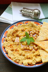 Plate of Homemade Hummus Served with Pita Bread on Wooden Table
