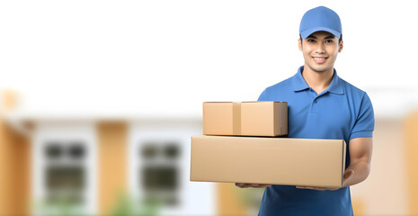 Asian delivery man holding parcel box