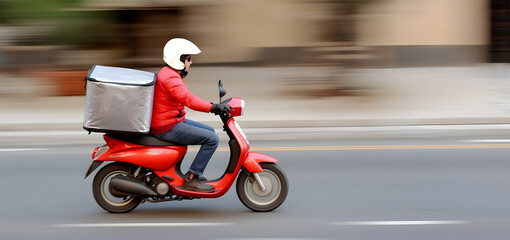 Delivery man carrying parcel box by motorcycle.