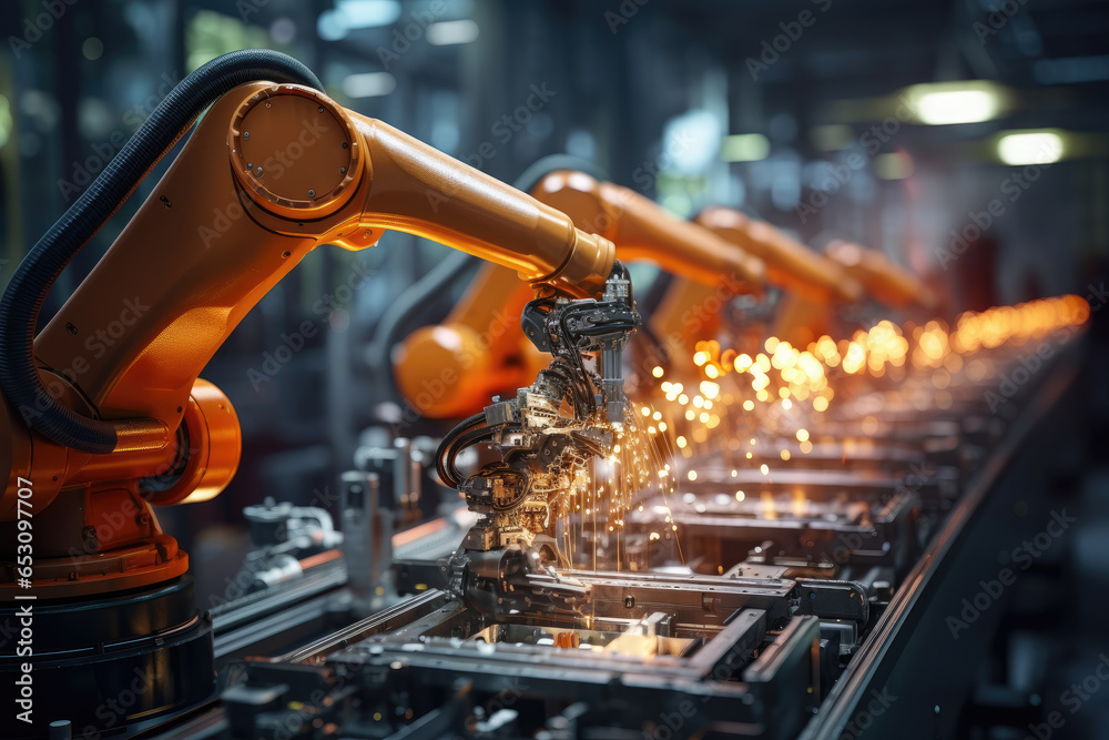 Poster precision robotic arms assembling electronic components on a factory line. generative ai.