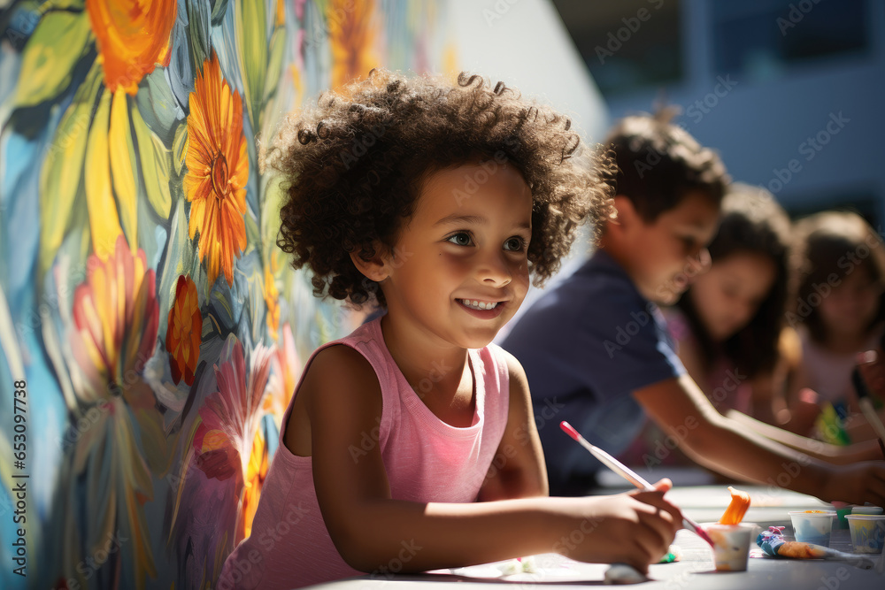 Wall mural children from different backgrounds painting a unity mural. generative ai.