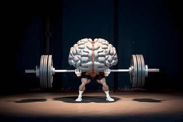 Brain lifting weight. Strong mentality, genius, mental health concept. - obrazy, fototapety, plakaty