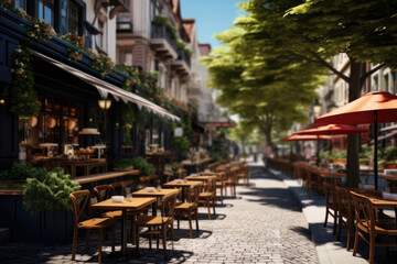 Fototapeta premium A street with restaurants serving international cuisine. Generative Ai.