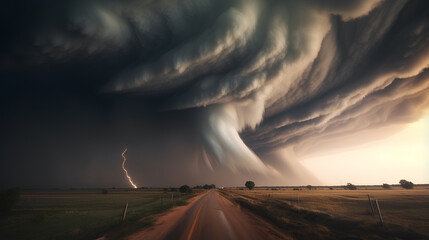 Fototapeta na wymiar Amazing thunderstorm tornado supercell cloud on road.